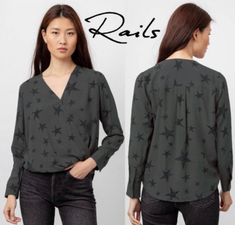 Rails Hillary Faux Wrap Top Charcoal Cheetah Stars Gray Black Womens Size Medium